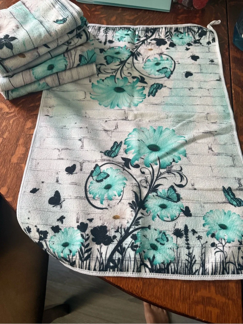 Floral Turquoise Kitchen Towels - Set